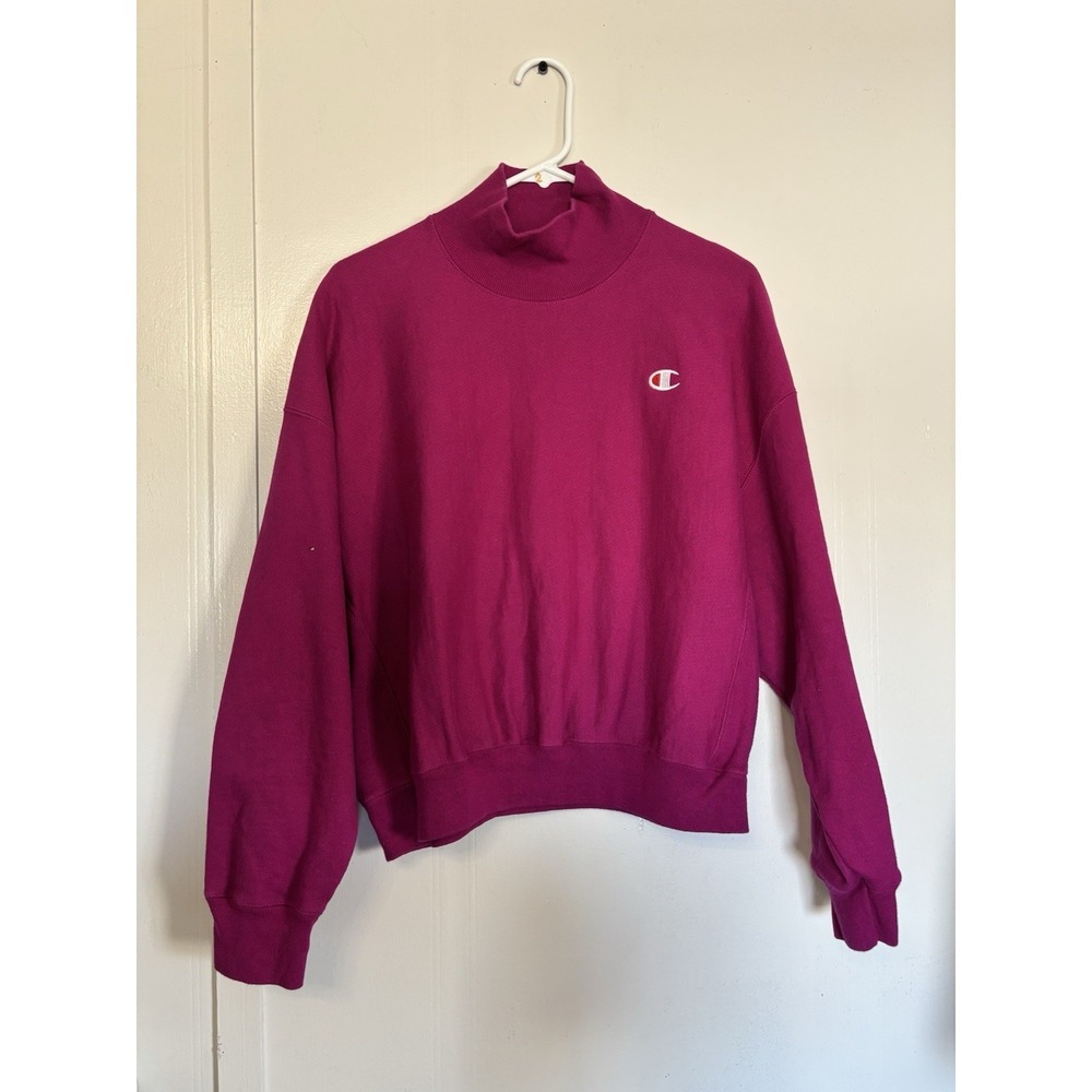 magenta Champion‎ women's Reverse Weave mock neck cropped sweatshirt Medium